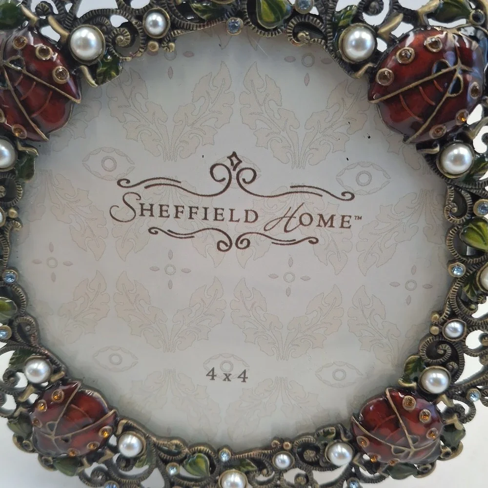 Sheffield Home 4x4 Picture Frame Ladybug Pearl Rhinestone Filigree Bronze Oval